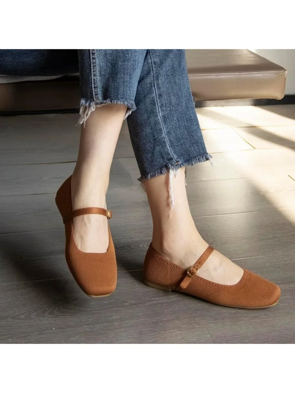 Women's Brown Comfortable Ballet Flats with Ankle Strap Mary Jane Flats Shoes_3